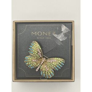 Monet Rainbow Multi‎ Color Crystal Butterfly Gold Plated Brooch Pin Original Box